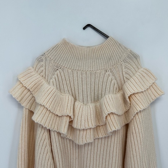H&M Chunky Exaggerated Flounced Frill Ruffle Trim Rib Knit Jumper In Light Beige - Picture 1 of 7
